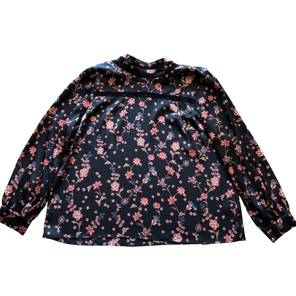 CeCe Womens XXL Black Floral Mock Neck Lace Trim Satin Long Sleeve Blouse